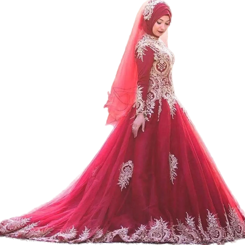 Vintage Dark Red And Gold Muslim Wedding Dress High Neck 2022 Moroccan Kaftan Islamic Long Sleeves Appliques Lace Ball Gown Garden women Formal Gowns 