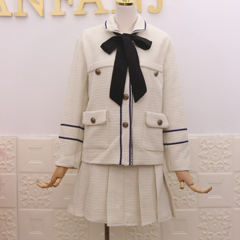 Korean Autumn Winter Woolen 2 Piece Set Women Two Piece Set Bow Tweed Jacket Coat + Short Pleated Skirt Sets For Women Outfits 201027