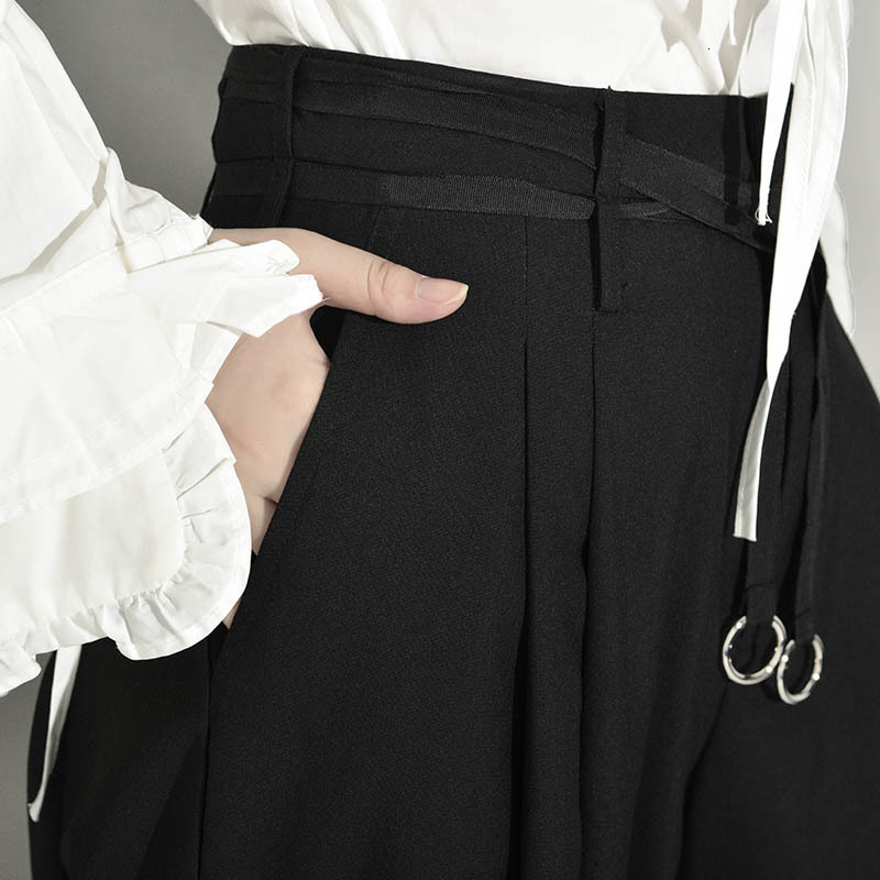 [EAM] High Waist Black Pleated Bandage Long Wide Leg Trousers New Loose Fit Pants Women Fashion Tide Spring Autumn JX39901 201111