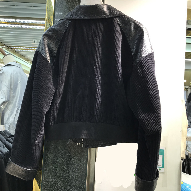 Cotton Pit stripes Stitching Faux PU leather jacket Women Autumn Short Plus size motorcycle Biker leather coat Female Streetwear 201020