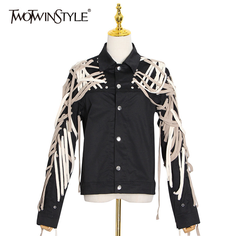 TWOTWINSTYLE Cross Bandage Casual Jacket For Women Lapel Long Sleeve Lace Up Loose Black Coat Female Fall Fashion New Tide 201126