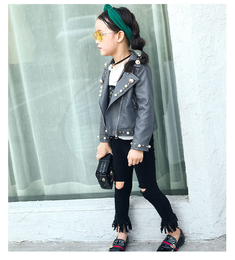 Spring and Autumn Children's Clothing Girls Pearl Leather PU Leather Children's British Shirt Zip-up Jacket 201125