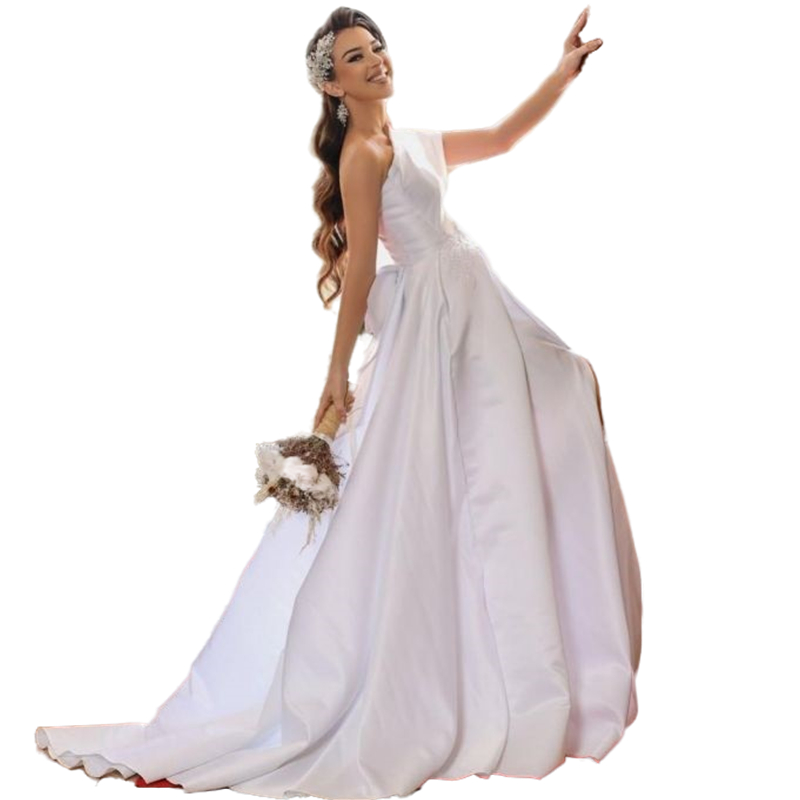 Simple One Shoulder White A Line Wedding Dress Front Split Long Beach Wedding Gowns Plus Size Satin Rustic Country Bride Dresses 2022 Custom Made