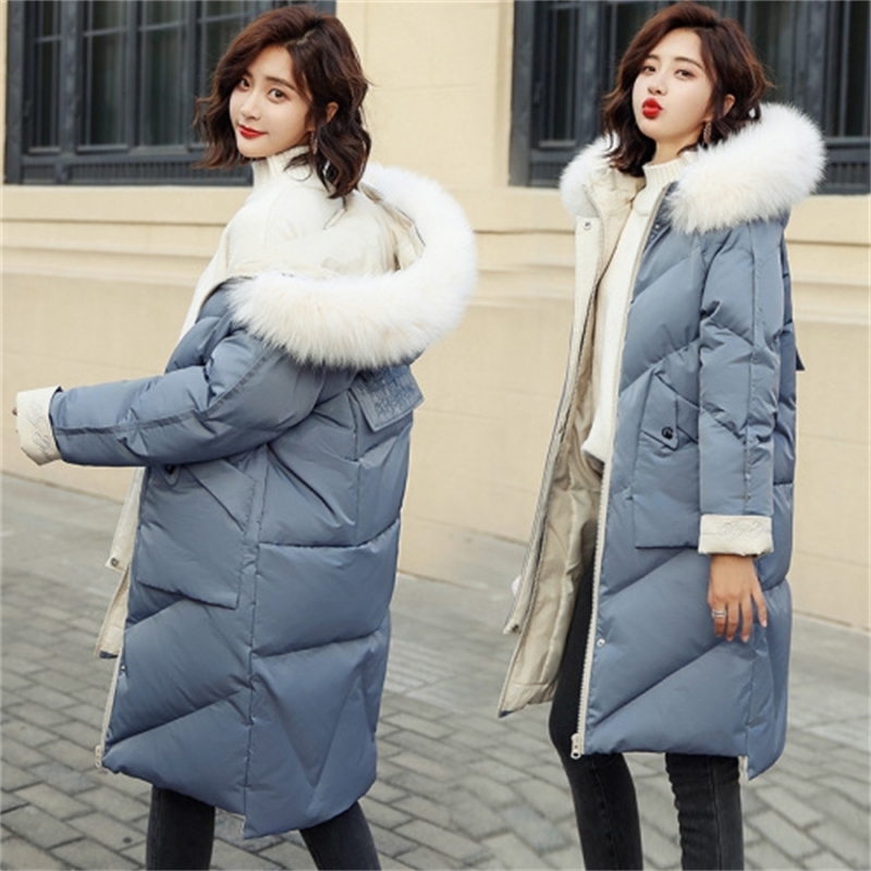 winter fashion hooded long solid color fur collar detachable cotton coat LJ201127