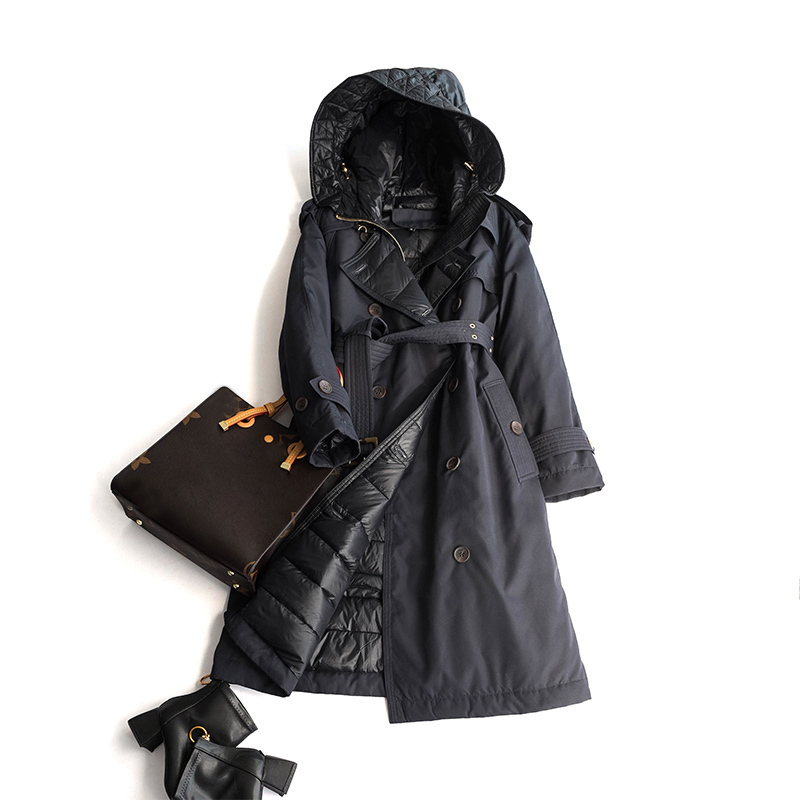 90% White Duck Down Jackets And Coat With Hooded For WInter Down Jacket Hooded Double Breasted Casual Long Trench Parka 201019