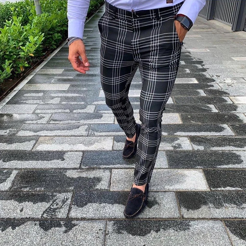 Men's Casual Pants Plaid Social Slim Fit Black Trousers Zipper Mid Waist Skinny Business Office Work Party Male Summer Stretchy 201027