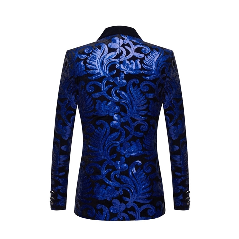 PYJTRL Series Men Royal Blue Black Velvet Floral Shiny Sequins Blazers Wedding Groom Prom Singer Slim Suit Jacket Y201026