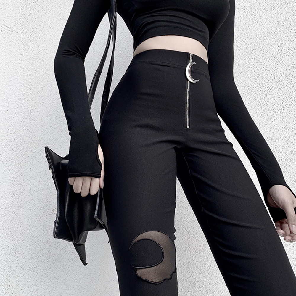 Rosetic Gothic Pants Hollow Out Pentagram Black Leggings Women Pencil Pants Slim Thin High Waist Zipper Plain Cool Sexy Pants 201228