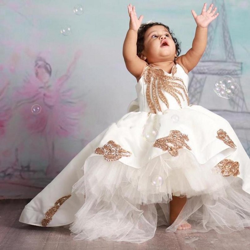 Shiny Ball Gown High Low Flower Girls Dresses Jewel Neck Sequins Girls Pageant Gowns 2020 Tiddler First Communion Dress
