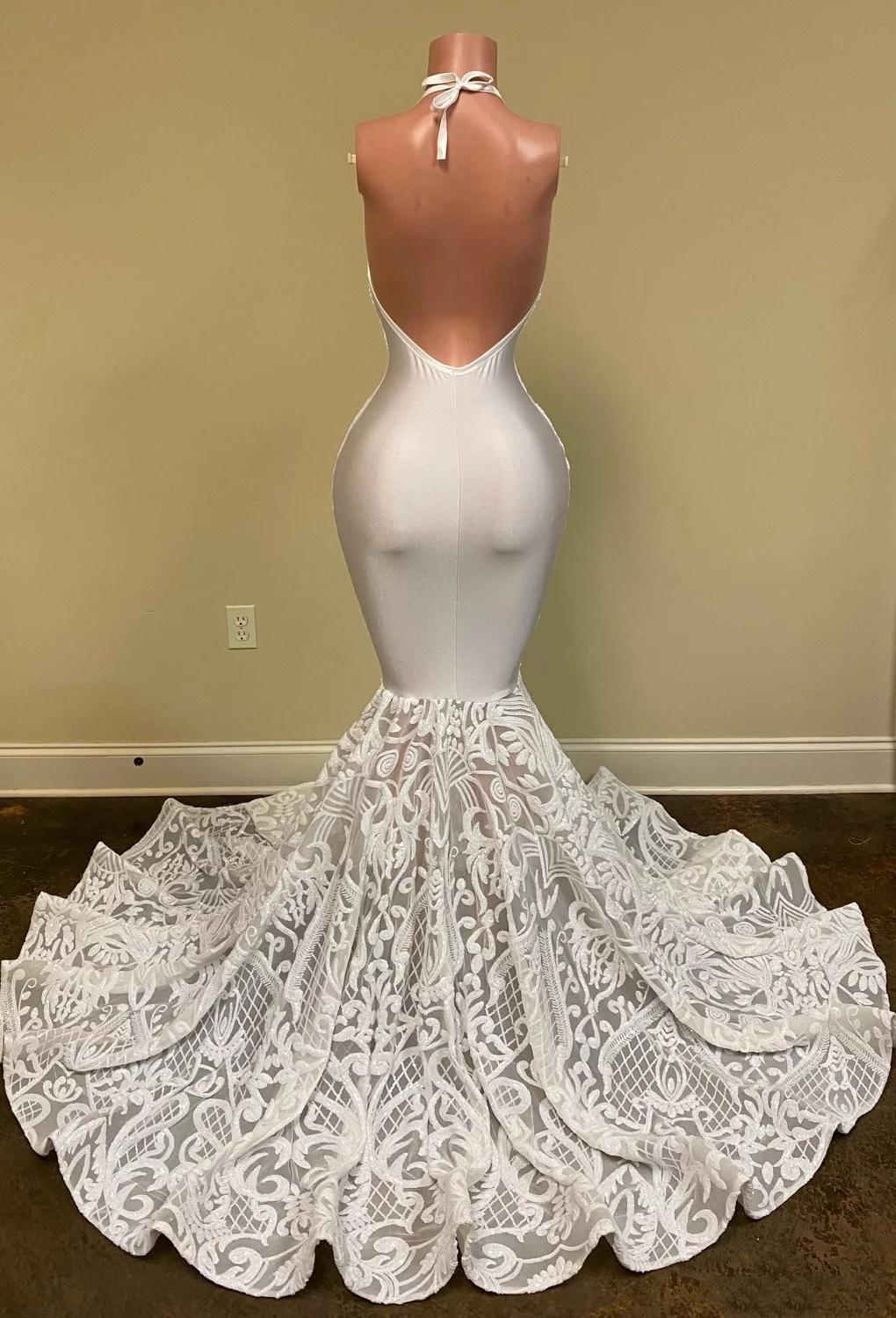 ivory 2021 Mermaid Prom Dresses Halter Lace Sequined Appliqued Backless ruffles sweep train trumpet african evening dress