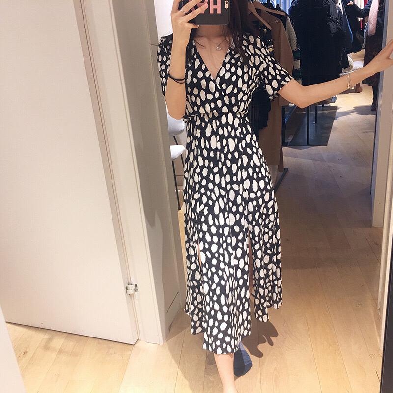 women long skirt spring new deep V neck short sleeve women elegant print split long skirt T200113