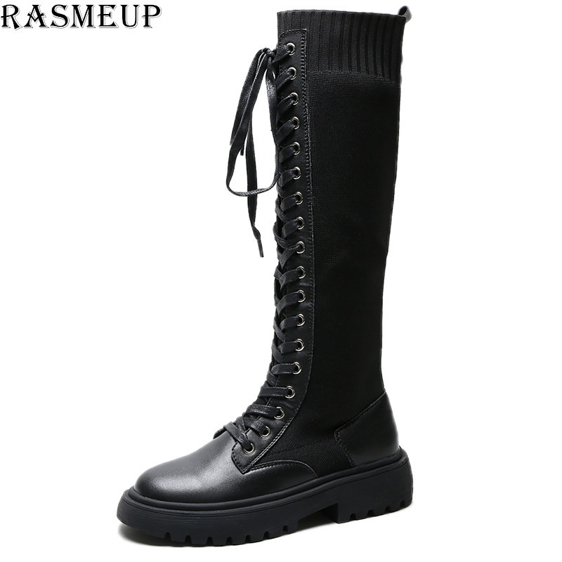 RASMEUP Leather Kintted Elastic Women's Knee High Boots 2020 Style Women Platform Long Boot Lace Up Lady Chunky Shoes Plus Size LJ201030