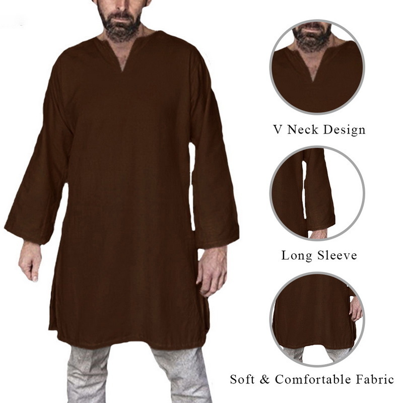 Long Shirt Men Medieval Tops Men's Long Sleeve Plain T-shirt Oversized Retro Vintage Tunic Stage Costume Knight Top 201202