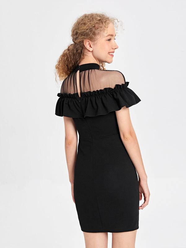Teen Girls Frill Contrast Mesh Ruffle Fitted Dress SHE