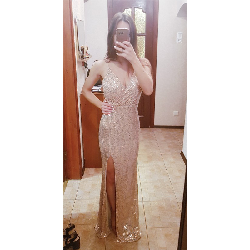 Sexy Sequined Evening Dress Robe De Soiree VNeck Sleeveless Backless Mermaid Long Robe Side Slit Off Shoulder Party Dress 201114