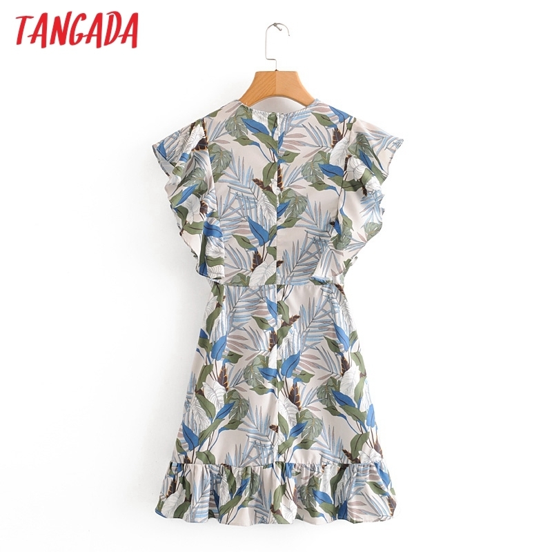 Tangada fashion women leaf print ruffles dress new arrival short Sleeve Ladies Summer Dress Vestidos AH67 T200613