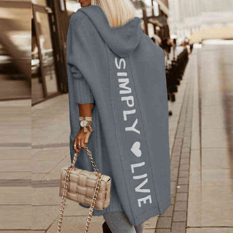 Autumn Winter Women Sweater Cardigan Fashion Letter Printed Hooded Sweater Coats Casual Long Sleeve Knitted Loose Overcoats 220124