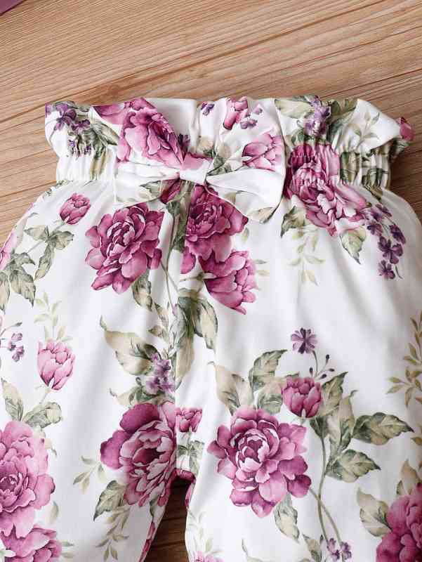 Baby Letter Graphic Tee & Floral Print Bow Front Pants With Headband SHE