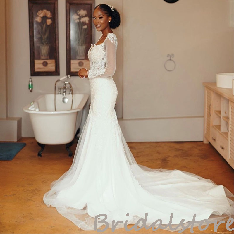 Elegant Mermaid Wedding Dress 2022 South African Long Sleeve Lace Boho Country Wedding Gowns With Train Vintage Scoop Neck Plus Size Tulle Satin Robe 
