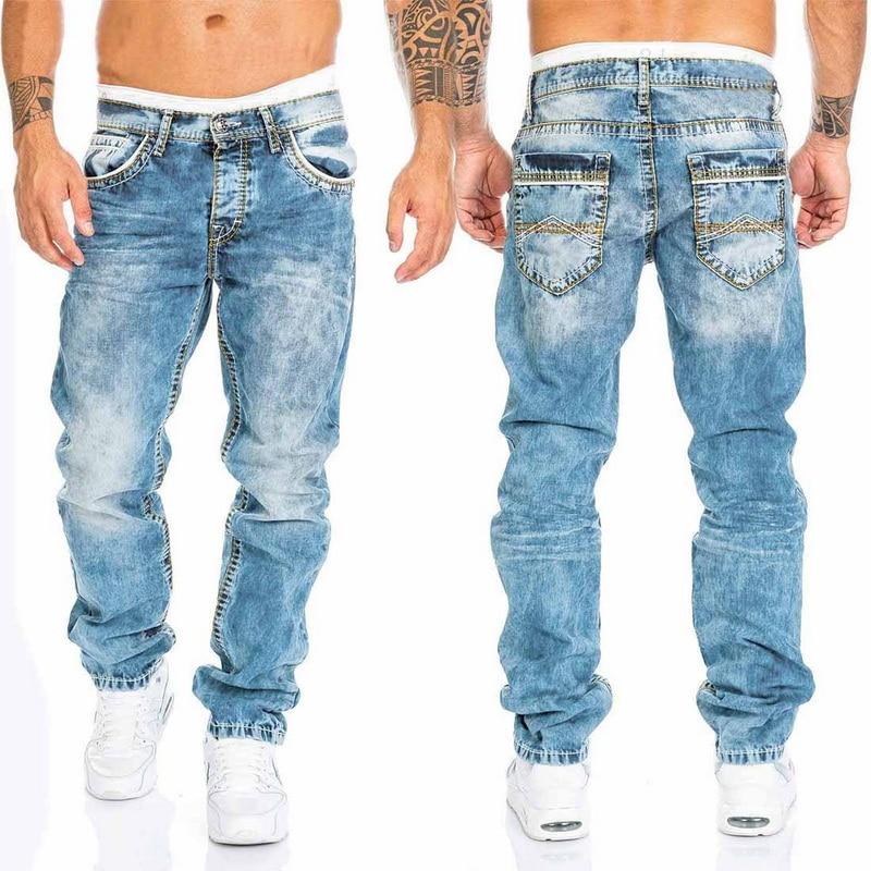 Men's Casual Washed Denim Straight Jeans, Loose Fit Mid-Waist Pocket Pants, Light Blue, Grey, Black - Autumn Fashion B4
