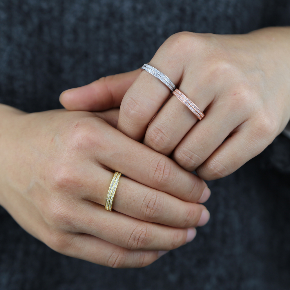 Classic 925 Sterling Silver Wedding Ring Jewelry with Bling Cz Pave 2 Layer Band Finger Rings In Rose Gold Silver Plated Jewelry Wholesale