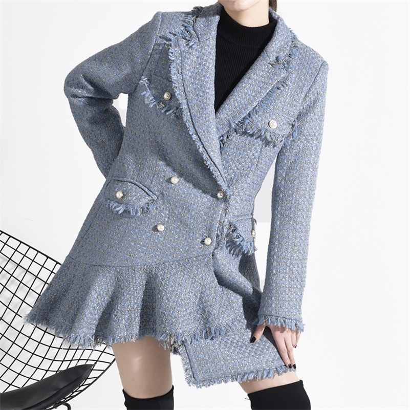 [EWQ] Korea Fashion Trends Slim Women Woolen Coat 2020 Spring Autumn New Sweet Full Sleeve Double Breasted Tweed Coats LJ201128