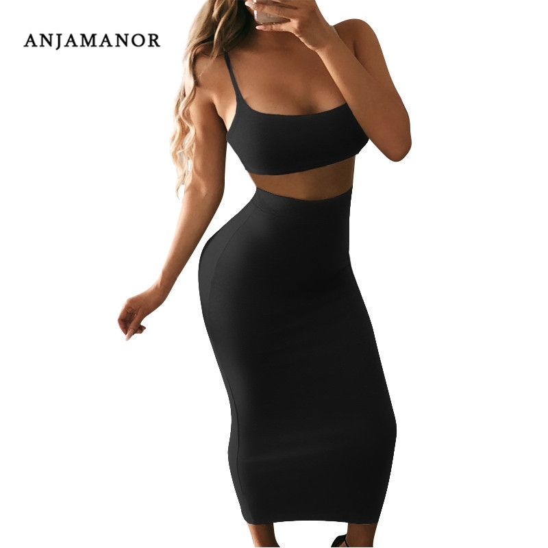 ANJAMANOR Summer 2 Piece Set Sexy Club Outfits Bodycon Dress Black Skirt Set Maxi Two Piece Matching Sets D53-AA07