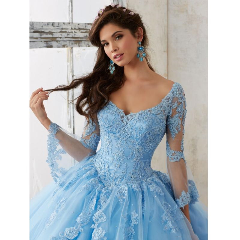 2021 Vintage Long Sleeve Sky Blue Ball Gown Quinceanera Dresses Lace Appliques Beads Vestidos De 15 Anos Sweet 16 Prom Gown BM202108