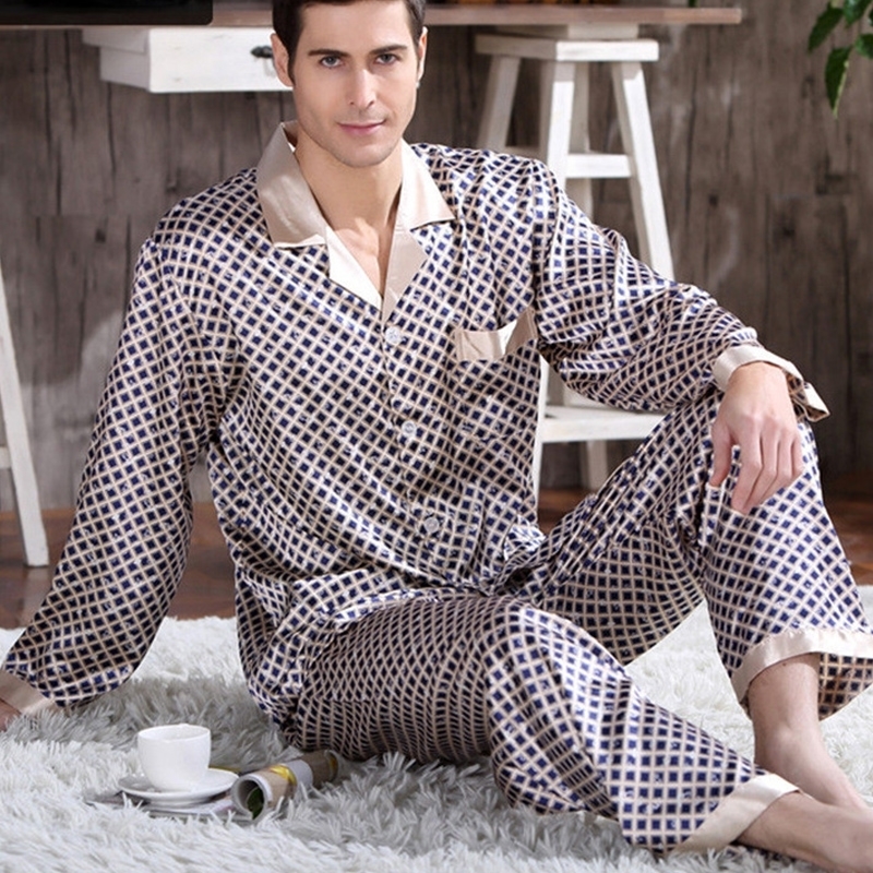 Spring Mens Stain Silk Pajama Set Pajamas Men Sleepwear Modern Style Silk Nightgown Home Male Satin Soft Cozy For Sleeping 201111