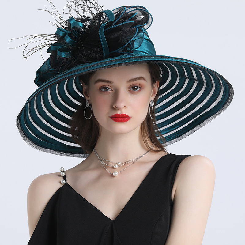 Elegant Women Feather Flower Striped Kentucky Derby Hat 16cm Wide Brim Church Dress Sun Hat Lady Summer Beach Party Wedding Hat Y2