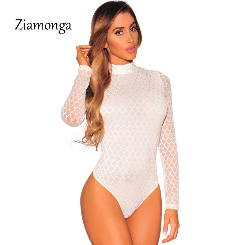 Ziamonga Black Sheer Mesh Long Sleeve Bodysuit Women Tops Bodycon Fitness Jumpsuit Romper Fashion Latex Sexy Slim Bodysuit T200323