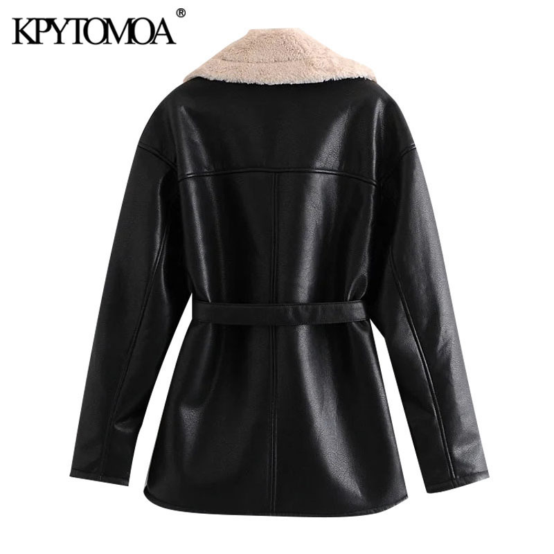 KPYTOMOA Women Fashion With Fur Faux Leather Thick Warm Jacket Coat Vintage Long Sleeve Tied Belt Female Outerwear Chic Top 201112