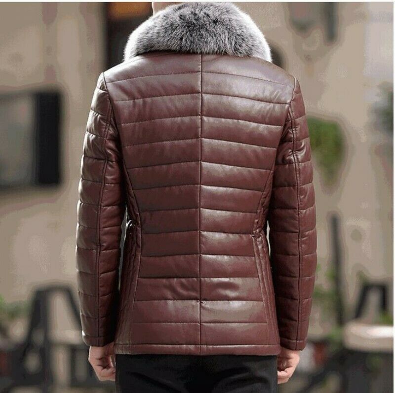 Men's Leather Eiderdown Jacket Puffer Fox Fur Collar Thick Winter Warm Wear Xy-003 201126