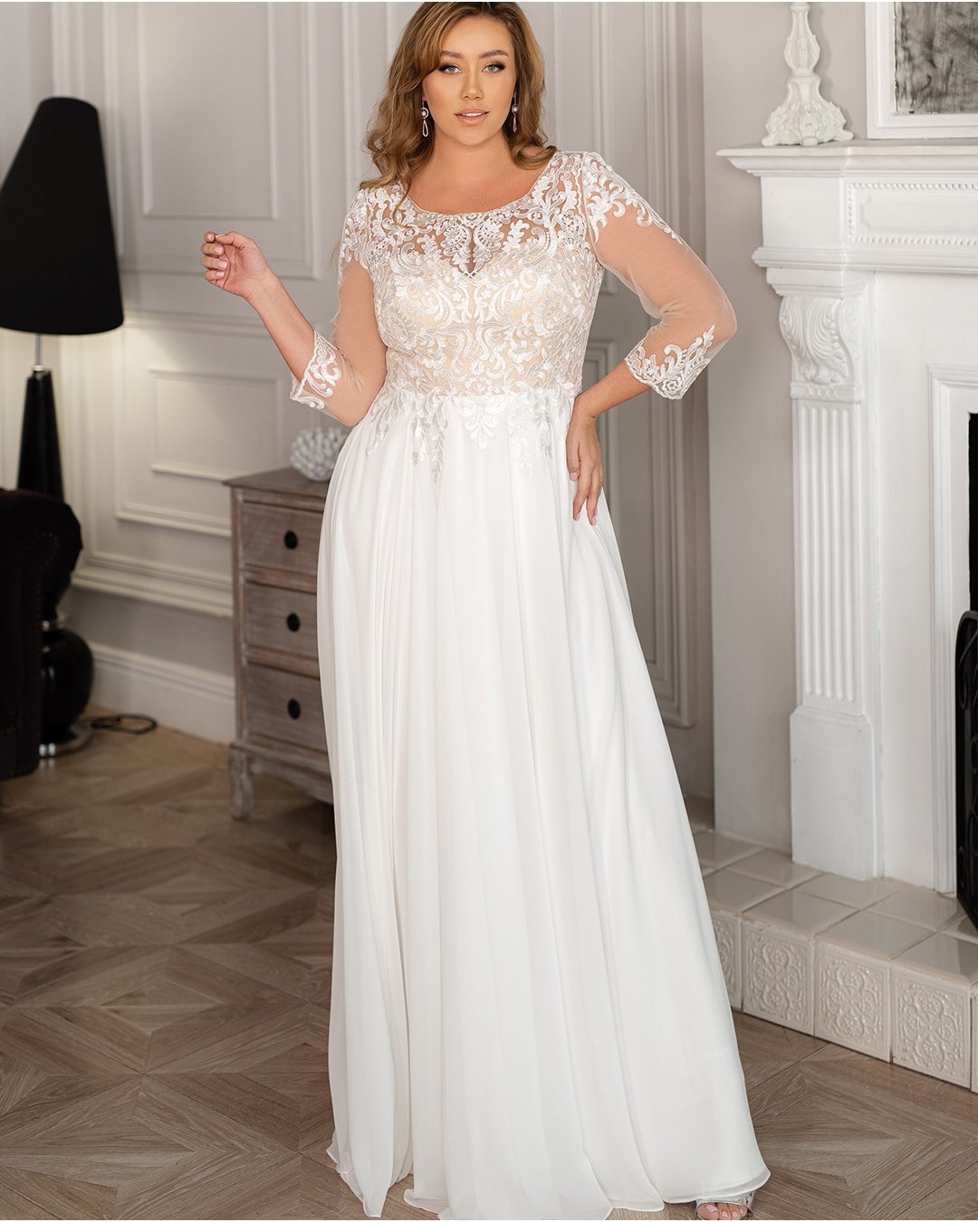 Size Classy Plus Lace Wedding Dresses Scoop Neck A Line Long Sleeves Bridal Gowns Sweep Train Chiffon Robe De Marie