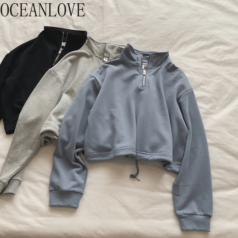 OCEANLOVE Hoodies Women Zipper Solid Short Fashion Sexy Sweatshirts High Waist Autumn Pullovers Korean Tops Casual 17613 201202