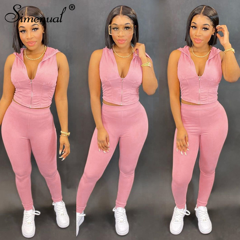 Simenual Casual Sporty Workout Matching Sets Women Hooded Sleeveless Active Wear Two Piece Outfits Zipper Crop Top And Pants Set T200826