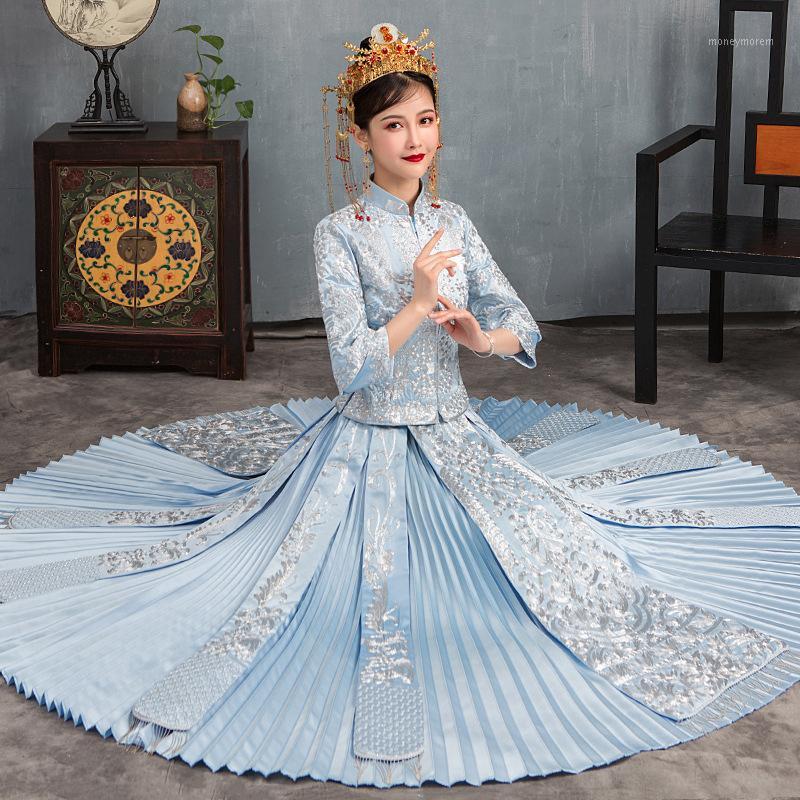 Blue Bride Dress Wedding Dress Retro Chinese Cheongsam High Quality Embroidery Long Section1
Blue Bride Dress Wedding Dress Retro Chinese Cheongsam High Quality Embroidery Long Section1