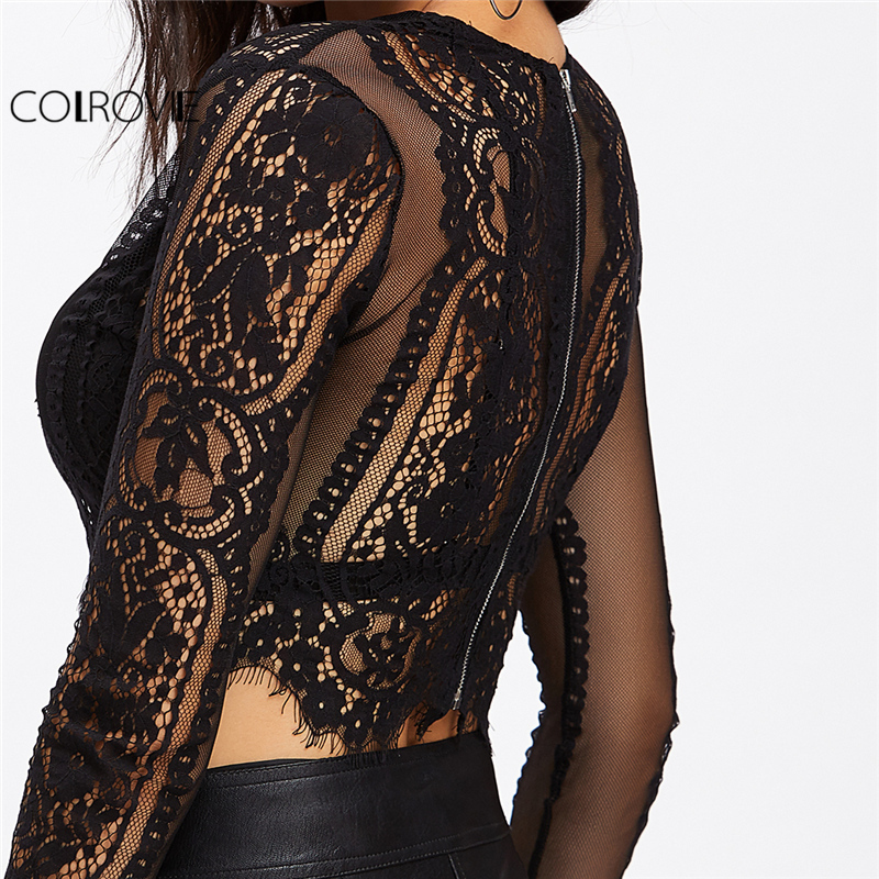 COLROVIE Lace See-through Crop Shirt Women Blouse Autumn Round Neck Long Sleeve Sexy Ladies Tops Zipper Back Blouse T200321