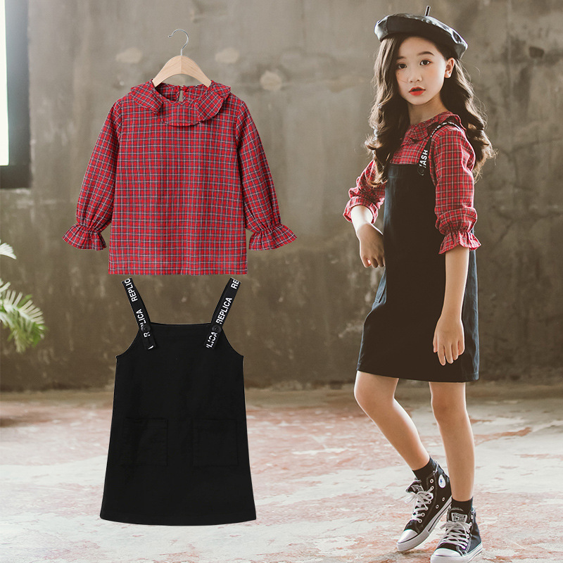 Girls Clothes Suspenders Set Big Girls Fashion Kids Outfit Lattice Blouse+Letter Bib Pants 2pcs Boutique Sets 2020 Fall ClothingX1019