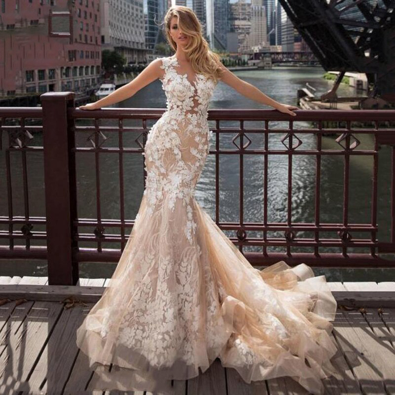 Champagne Mermaid Wedding Dresses Sleeveless Full Appliqued Lace Tulle Bridal Dress Beach Boho Sweep Train Vestidos De Novia Cheap