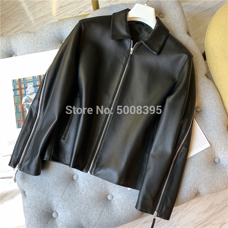 Fashion Black Lucca leather jacket front zip side slip pockets twisted zips along the sleeves cropped Leather Jackets Woman 201029