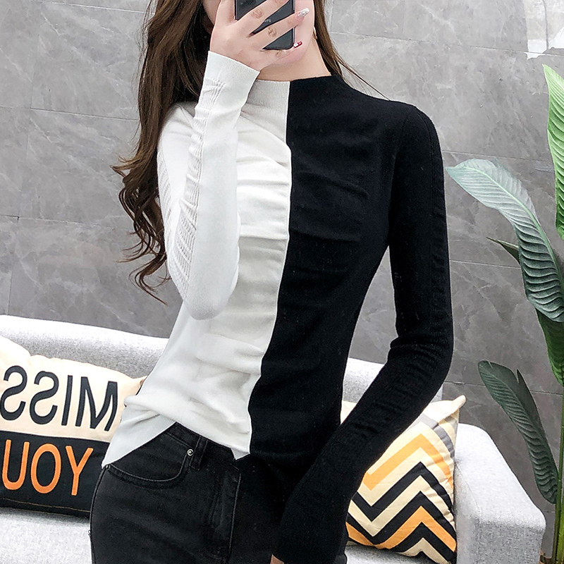 Patchwork Thicken Knit Sweater Autumn Winter Fashion Slim Women Turtleneck Pullover Ruched Women Jumper Elastic T07807B 201223