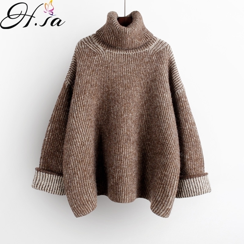 H.SA Women High Turtleneck Green Sweater and Jumpers Long Sleeve Solid Oversized Pullovers Thick Winter Knitwear Korean 201201
