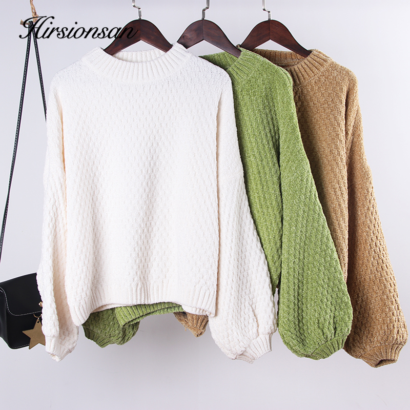 Hirsionsan Chenille Lantern Sleeve Solid Sweater Women Christmas Knitted Loose O Neck Warm Jumper Oversize Short Basic Pullovers 201222