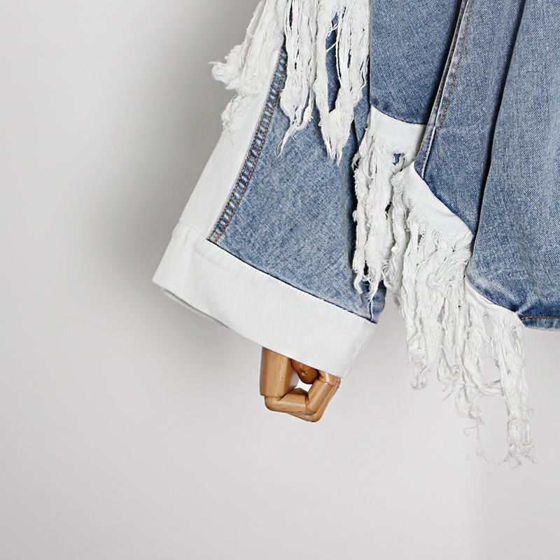 EWQ Female Fashion Clothing Autumn Patchwork Tassel Denim Jacket For Women Lapel Long Sleeve Streetwear Coat 201017
