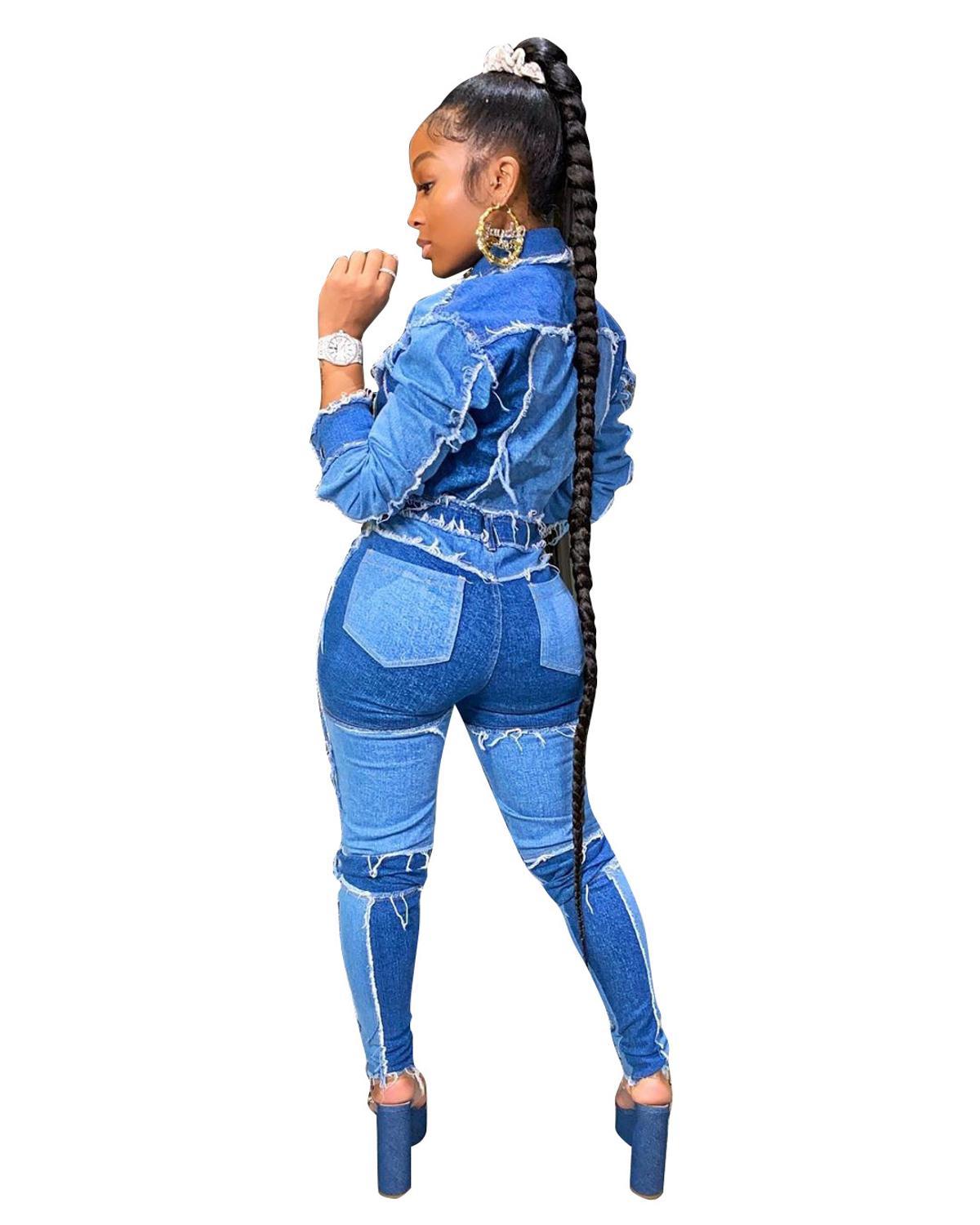 CM.YAYA Active Wear Women Denim Patchwork Jackets Jeans Pants Suit Tracksuit Two Piece Matching Set Fitness Outfits 201008