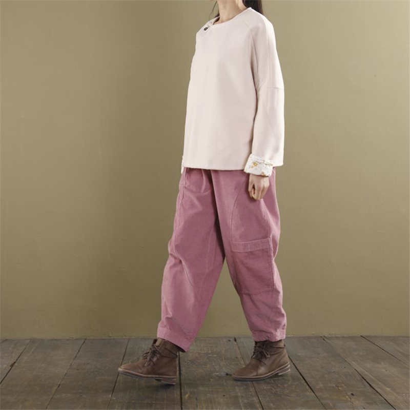 Johnature Women Wide Leg Pants Elastic Waist Spring New Loose Brief Pockets Women Trouser 6 Colour Corduroy Vintage Pants 201106