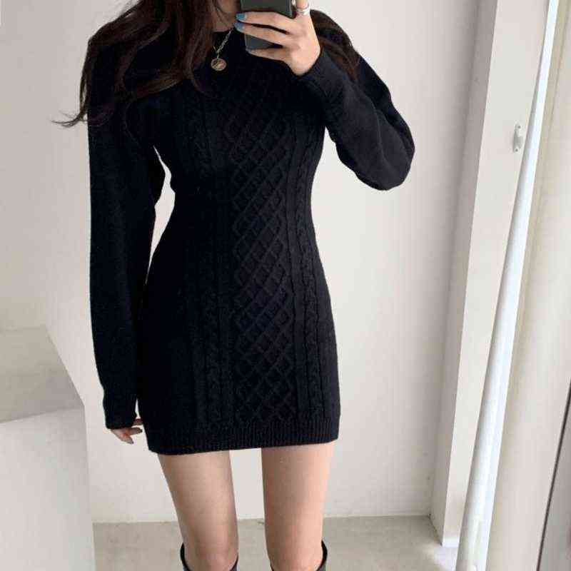 Autumn Sexy Slim Open Waist Pullover O Neck Twist Knitted Dres Mini Wild Long Sleeve Sweaters Vestido De Mujer Casual 211221