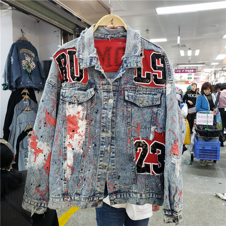 Village Ripped Jeans Jackets Women Spring Autumn New Street Wear Graffiti Printing Sequins Loose Jeans Coat Female Denim Coats T200828