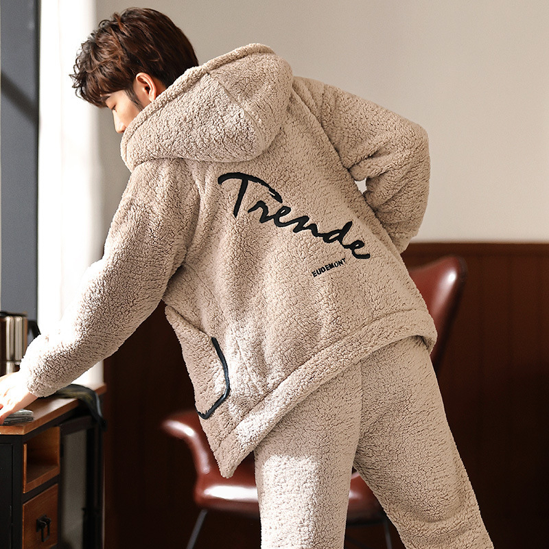 JULY'S SONG Men Pajama Sets Flannel Thicken Winter Warm Sleepwear Suit Pyjamas Hooded Casual Coral Fleece Sleep Homewear 201111